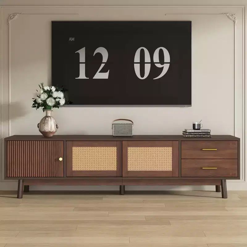 Modern TV Stand for 80 Inches TVs, TV Table with Storage Sliding Doors and Drawers for Living Room Bedroom