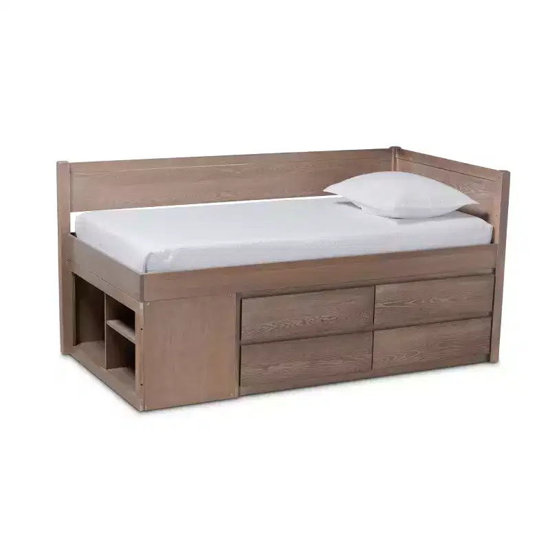 Twin 4-Drawer Wood Storage Bed in Antique Oak Finish