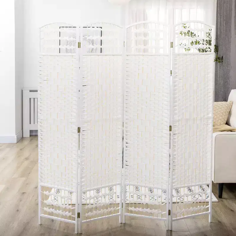 4 Panel Room Divider Folding Privacy Screen Wave Fiber Freestanding Partition Wall Divider for Home White