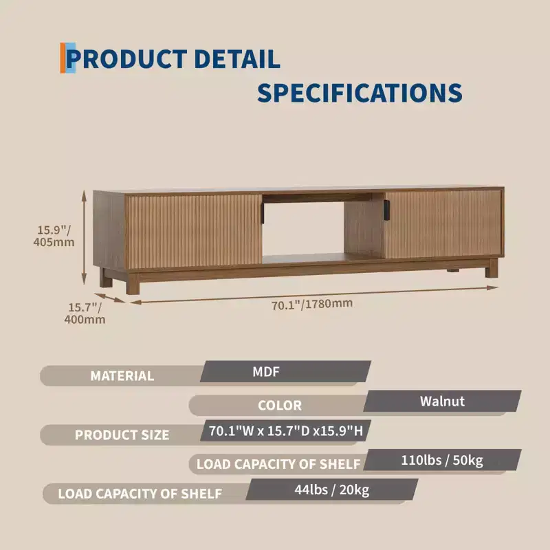 70 Fluted Modern Farmhouse TV Stand - Entertainment Center for TVs Up to 80, Adjustable Shelves, Storage Console for Living Room