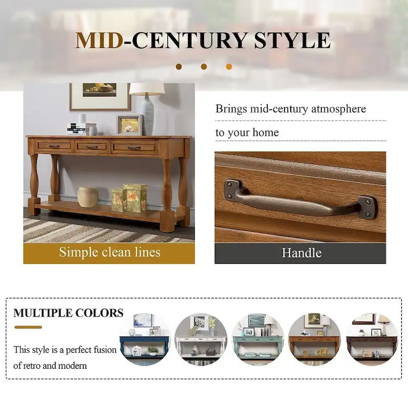 63 Solid Wood Console Table with 3 Drawers and 1 Bottom Shel