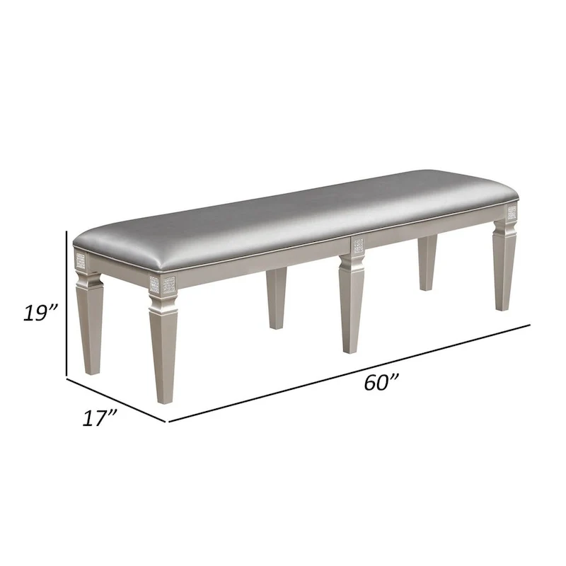 60 Inch Dining Bench, Sparkling Silver Gray Faux Leather, Wood Frame