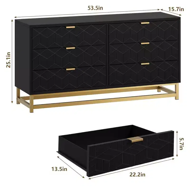 COZONY Modern 6-Drawer Dresser with Gold Handles, Double Wide Storage Chest for Living Room, Bedroom & Hallway