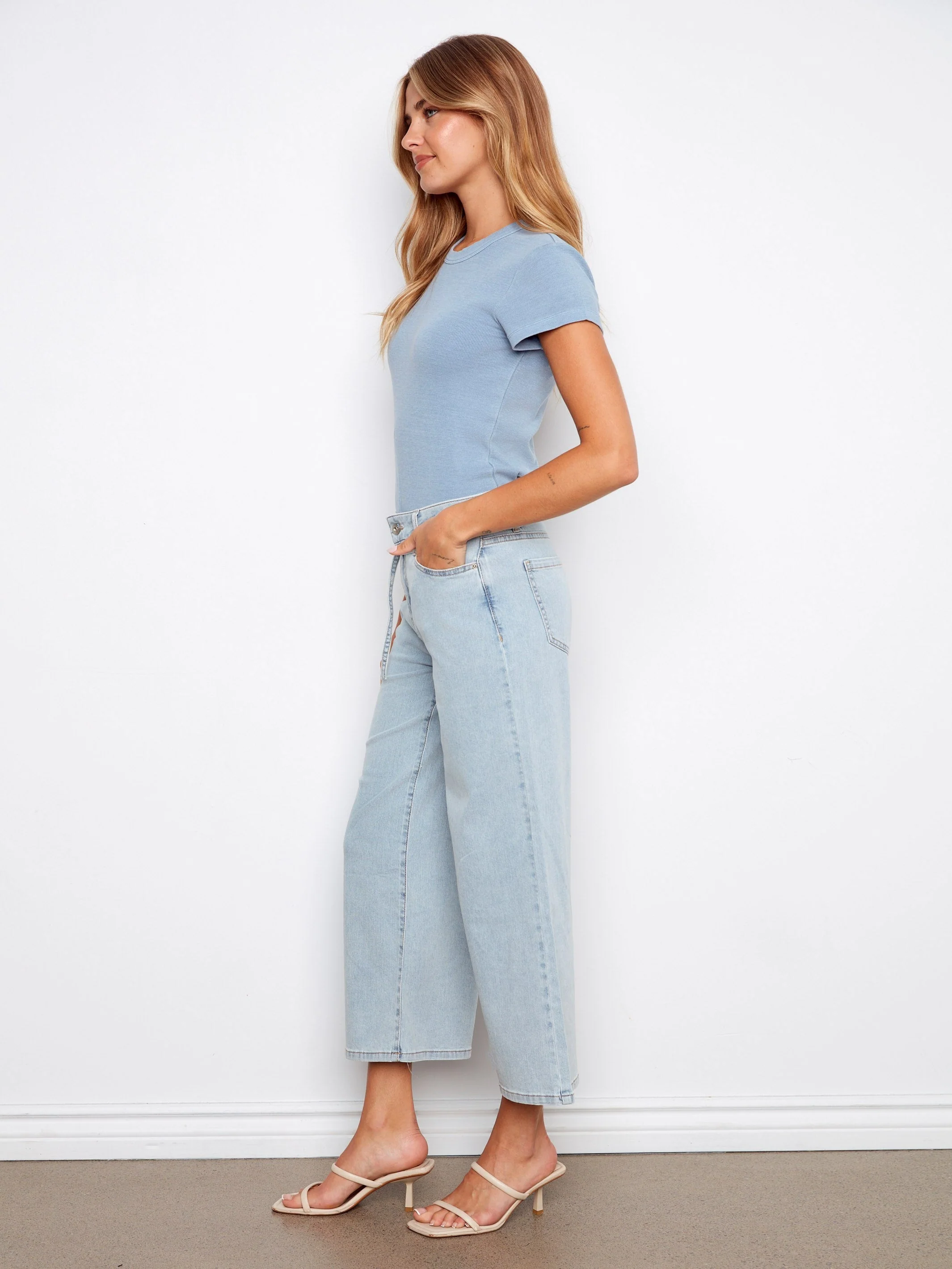 Belted Cropped Wide Leg Jeans - Bleach Blue