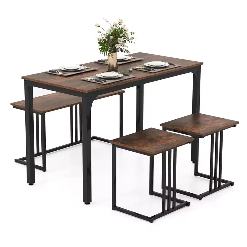 Costway 4-Piece Dining Table Set Industrial Kitchen Table Set w/ Bench & 2 Stools for 4