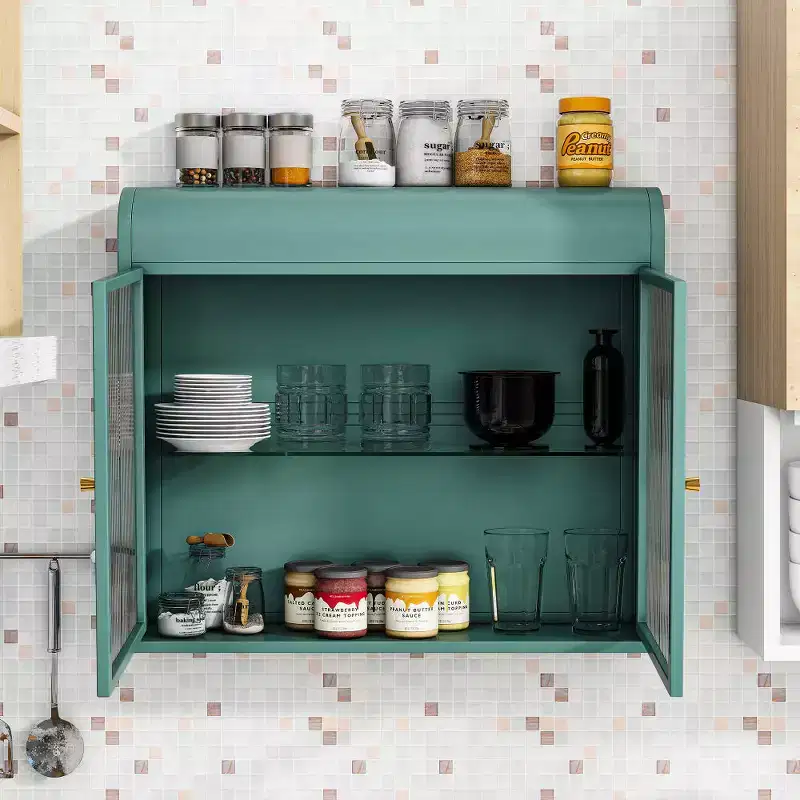 Chic Crate-Army Green 2-Door Wall-Mounted Metal Cabinet  Tempered Glass Shelves | Multi-Room | Bath, Kitchen, Office