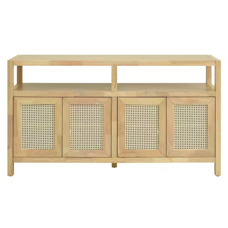 Bohemian Rattan Buffet Storage Cabinet with Solid Wood Frame and Adjustable Shelves for Dining and Living Room