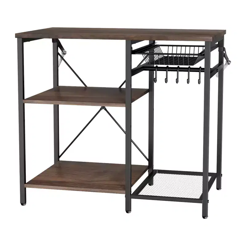 VEVOR Kitchen Bakers Rack, 35.4 in Width Bakers Rack, Kitchen Stand with X-Shaped Support Bar, 5 S-Shaped Hooks,Multi-Layer Storage Shelf, Black&Brown