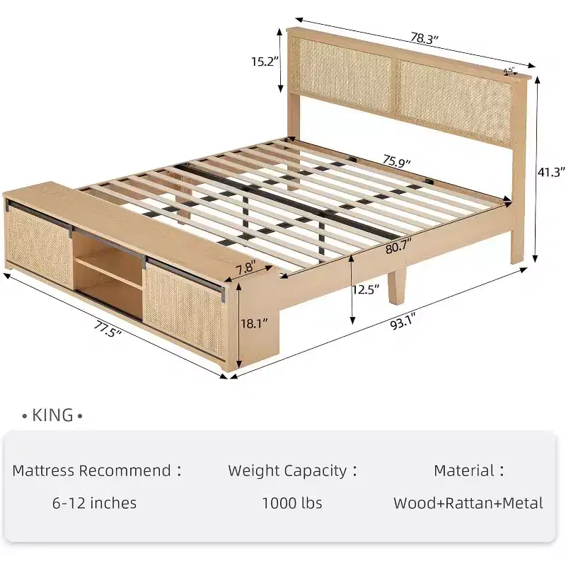DobleePy King Size Natural Rattan Bed Frame with Sliding Barn Door Storage & LED Headboard, Boho Farmhouse Platform Bed, No Box Spring Needed
