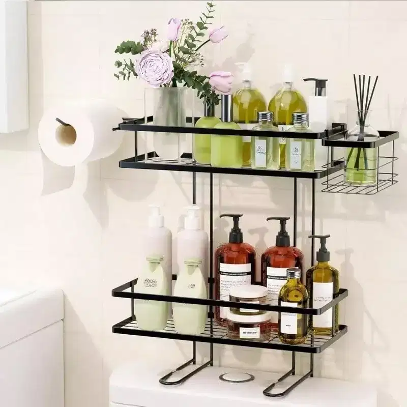 Over Toilet Storage 2 - Tier Bathroom Organizer with Removable Basket Paper Holder Above Toilet Storage Non - Trace Adhesive