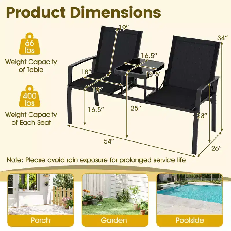 Costway Patio Loveseat with Built-in Table, Breathable Fabric Back and Seat, Metal Frame Black