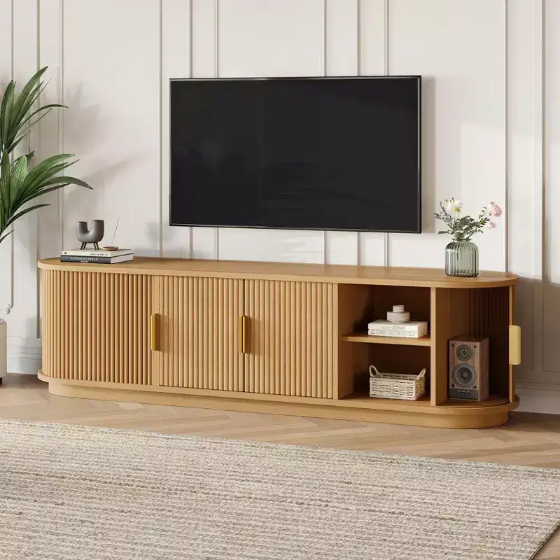 JVNOXK Farmhouse-Style Grooved Sliding Rolling Door TV Cabinet Suitable for TVs up to 75 inches Features storage space and handles Natural wood