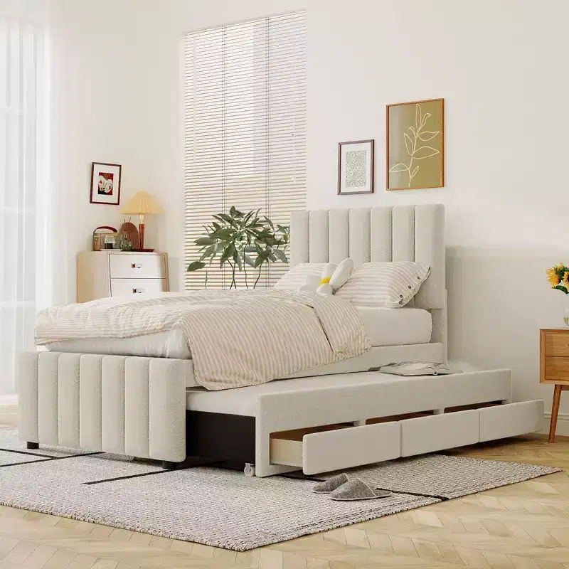Bellemave Twin Size Upholstered Platform Bed with Trundle and 3 Storage Drawers, Space Saving Trundle Bed for Small Rooms