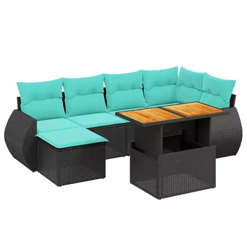 vidaXL 7 Piece Patio Sofa Set with Cushions Black Poly Rattan