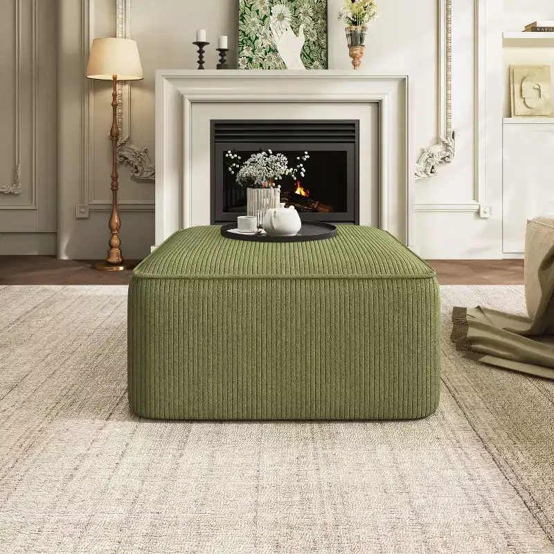 Christopher Knight Home Hayes Corduroy and Wood Square Accent Ottoman, Olive Green