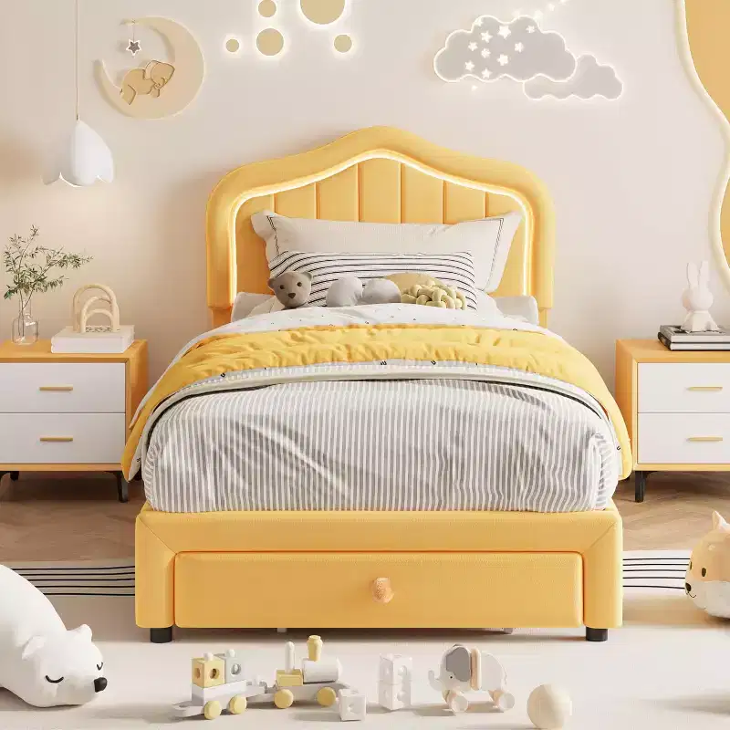 Twin Upholstered Bed Frame with Storage Drawer and Smart Led Headboard, Wooden Slats Support, No Box Spring Needed, Easy Assembly