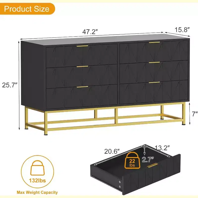 Acekool 6 Drawer Fabric Dresser, Small Storage Chest with Wood Top, Modern Nightstand and Clothes Organizer for Bedroom, Closet, Living Room