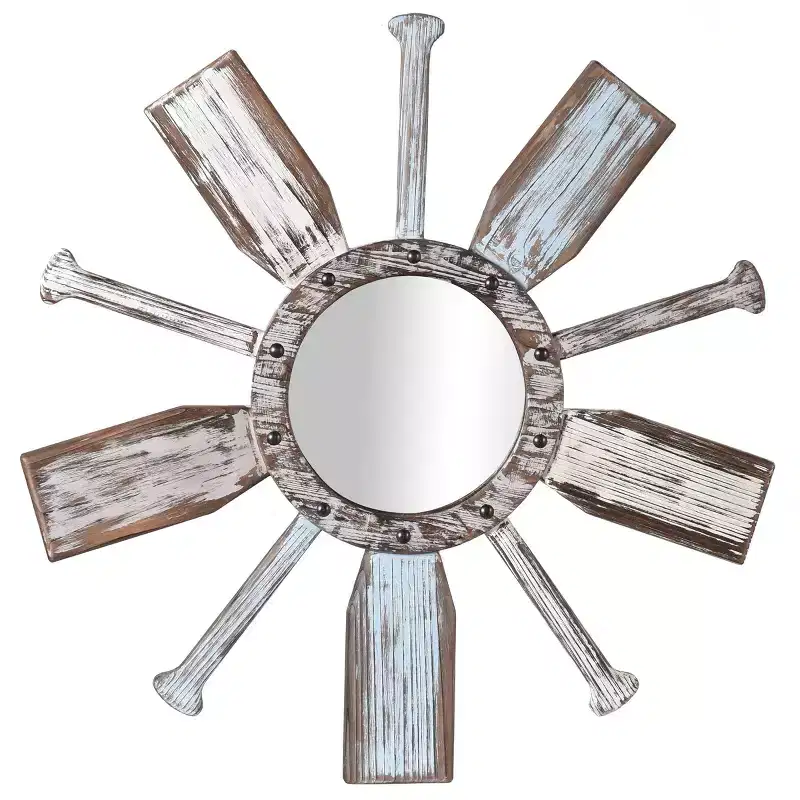 Montauk Weathered Boat Paddle Wall Mirror White/Blue - StyleCraft: No Assembly, Round Shape, Glass & Iron