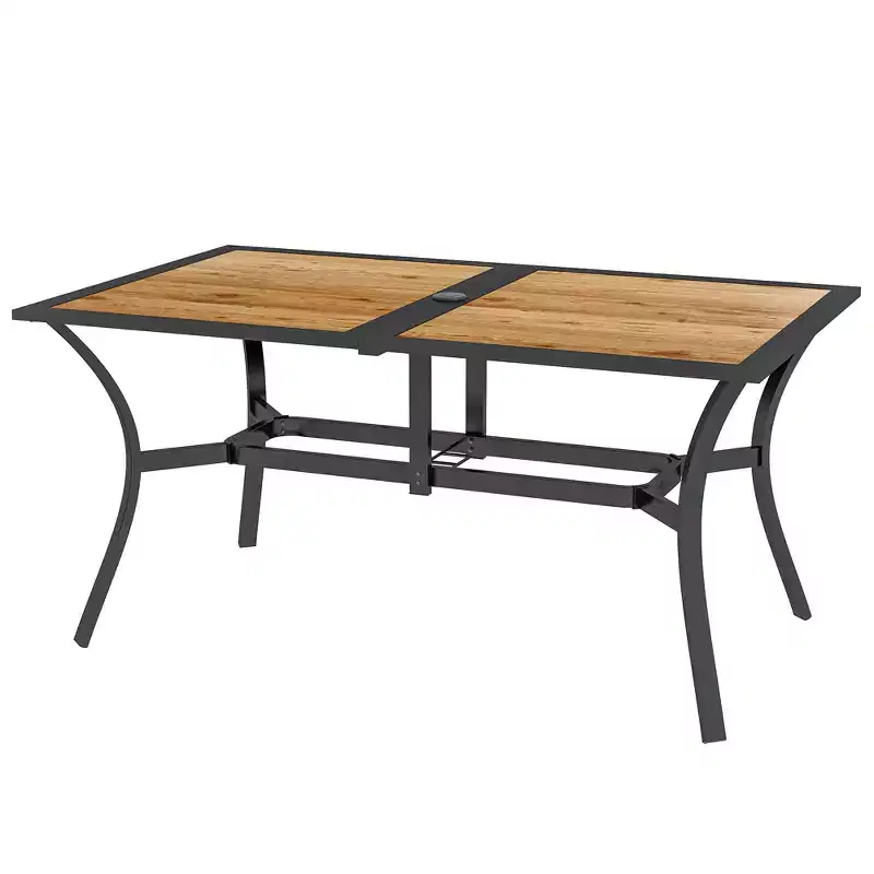 Rectangular Outdoor Dining Table with Umbrella Hole – Faux Wood, Seats 6, for Garden & Patio