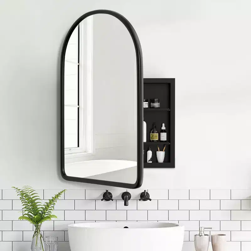 24 x 35.8in Modern Arch Bathroom Medicine Cabinets, Metal Framed Wall Mirror with Storage, Black