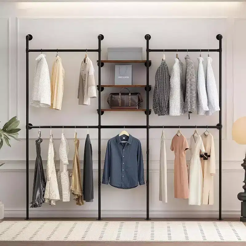 Industrial Pipe Clothing Racks with 3 Shelves, Black Wall Mounted Clothes Rack, Heavy Duty Garment Rack Closet Wardrobe Rack for Walk In Closet