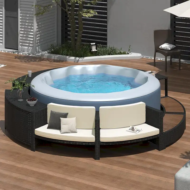 Outdoor Patio Rattan Furniture Set, All Weather Round Conversation Sofa Set with Acacia Wood Seat and Waterproof Cushion