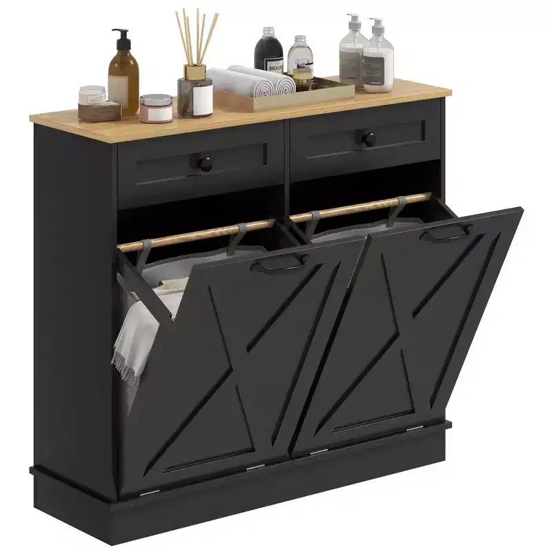 HOMCOM Tilt Out Laundry Hamper Cabinet Bathroom Storage Cabinet with 2 Removable Baskets and 2 Drawers