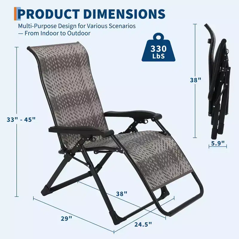 1 PCS Patio Rattan Reclining Folding Chair, Adjustable & Portable Lounge Chair, Iron Pipe Frame, Comfortable Outdoor Furniture, for Indoor, Poolside