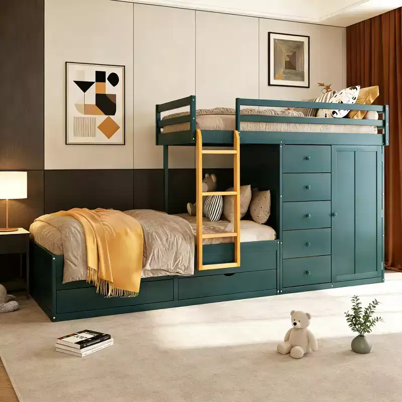Full Over Full Modern Bunk Bed With Built In Closet And 7 Storage Drawers