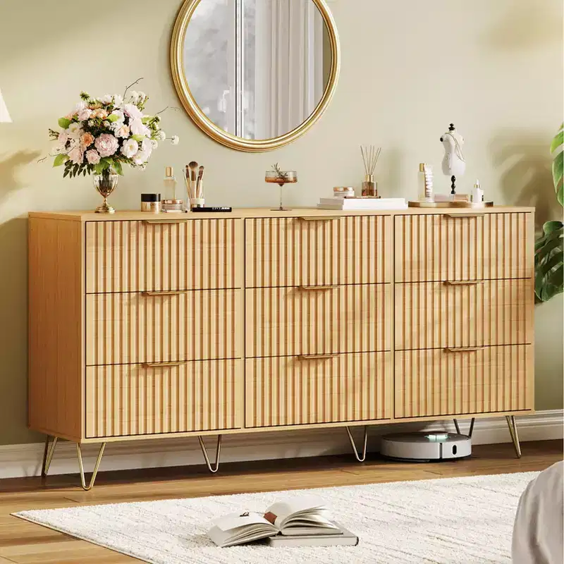 Fluted Dresser with 9 Drawers, 63 Wide Modern Chest of Wooden Drawers with Metal Handle, Wide Clothes Storage Organizer for Living Room