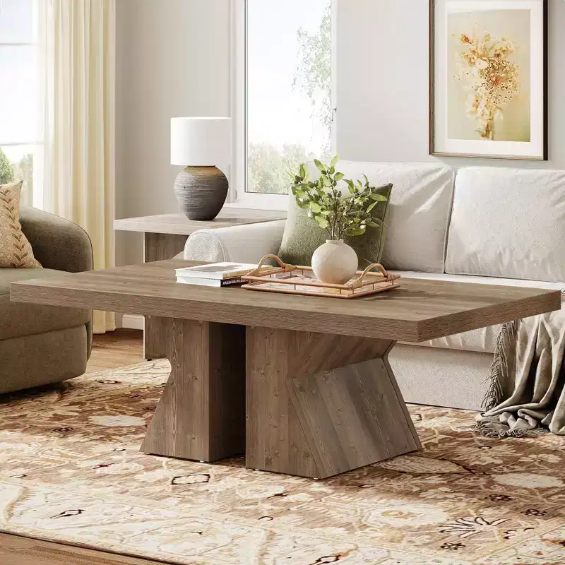 Rectangular Wood-Look Coffee Table with Thick Wooden Base — Farmhouse Style
