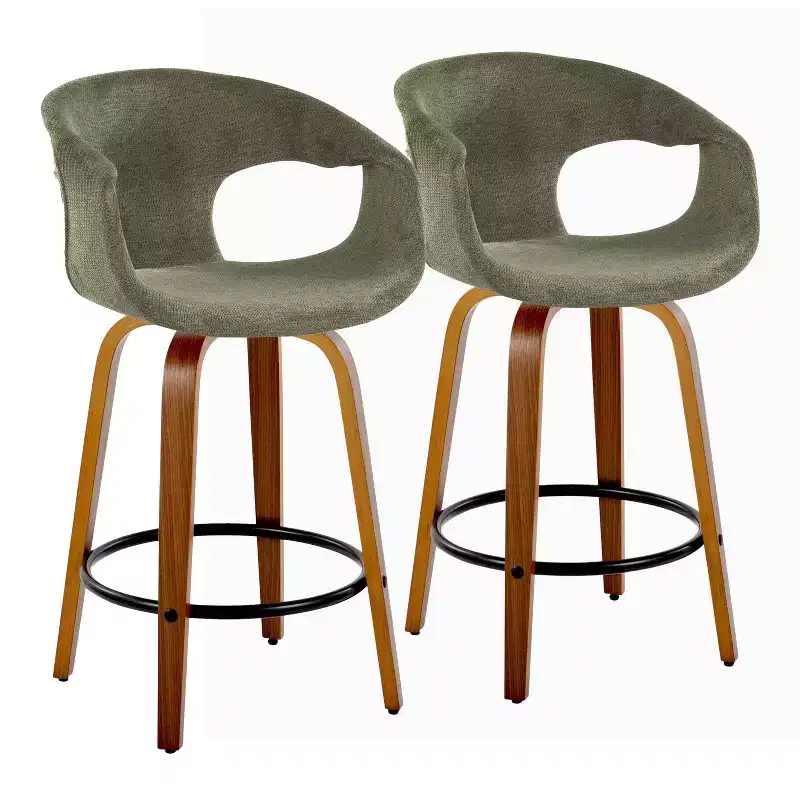 LumiSource Set of 2 Curva Counter Height Barstools Walnut Wood/Green Fabric