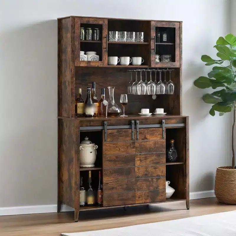 Bar Cabinet with Sliding Barn Door and Storage Shelves
