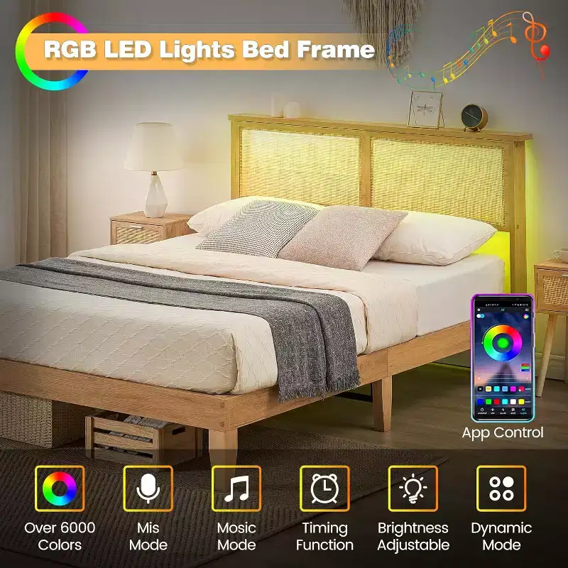Deluxe Solid Wood Bed Frame With Natural Rattan Headboard,Platform Bed Frame, Mattress Foundation, Noise-Free, No Box Spring Needed