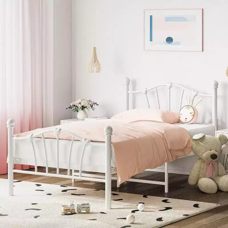 Twin Bed Frame for Kids with Heart-Shaped Headboard, Heavy Metal Slat Support, Noise-Free, White