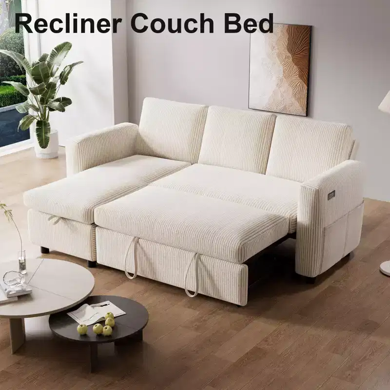 81-Inch L-Shaped Sofa Bed, Pull-Out Sleeper with Adjustable Backrest, Corduroy