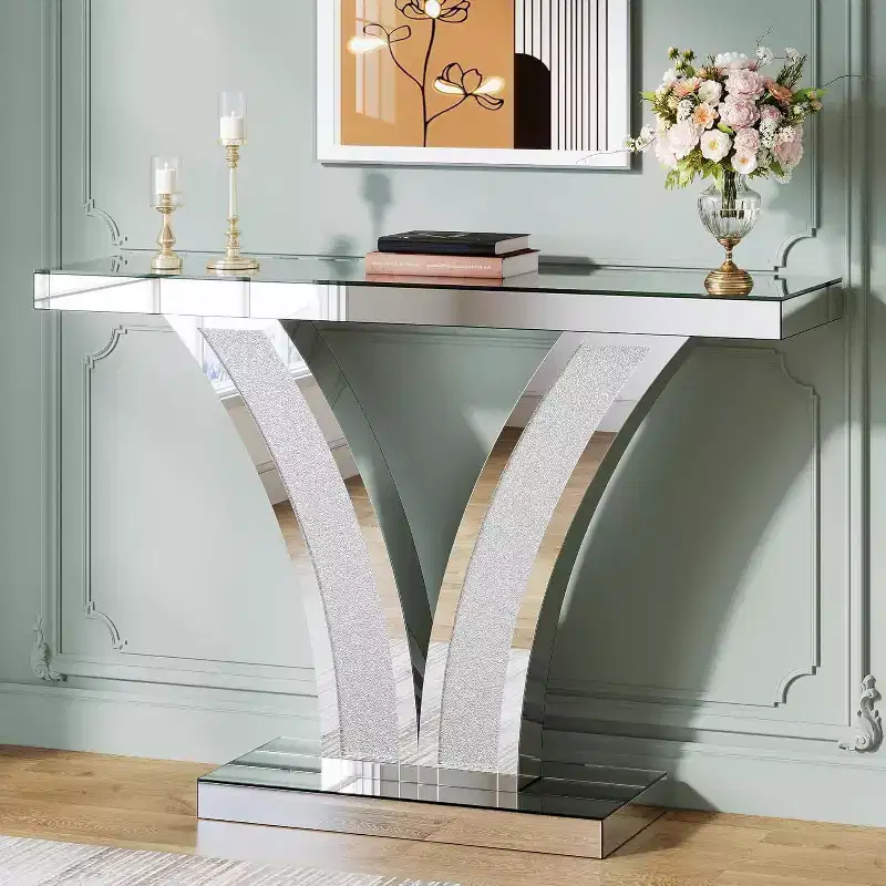 Lantine Mirrored Console Table, Modern Sliver Entryway Sofa Table with Crystal Inlay Frames