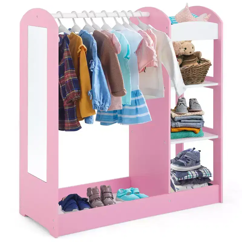 Kids Dress up Storage Hanging Armoire Dresser Costume Closet w/ Mirror Shelves