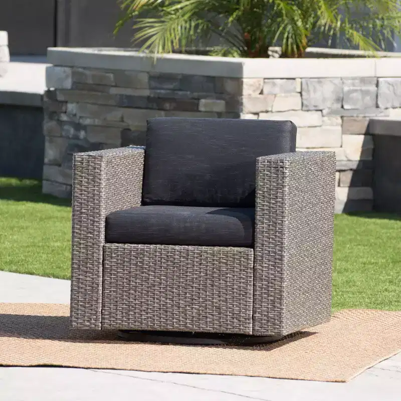 TUYOHW 360 Swivel Patio Accent Chairs,PE Rattan Outdoor Armchairs with Iron Base & Upholstered Back,Patio Furniture Seating