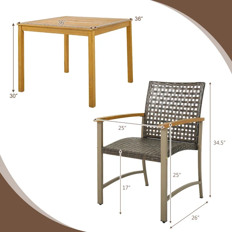 Gymax 5 PCS Patio Dining Set Acacia Wood Table w/ 1.9 Umbrella Hole