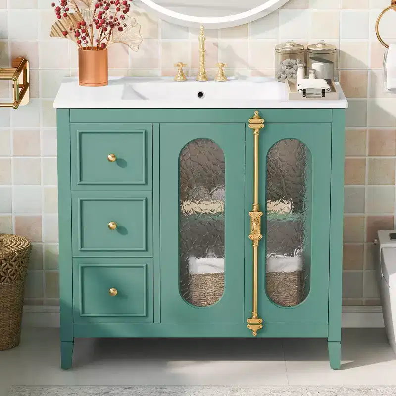 Bathroom Vanity with Sink Top, Undermount Bathroom Sink Cabinet with 2 Soft Closing Doors and 3 Storage Drawers, Wooden Vanity Cabinet