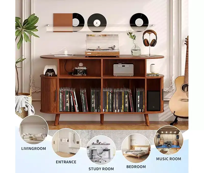 Mid-Century Modern Fluted Record Player Stand Large Cabinet with Vinyl Storage, Open Shelves, C Turntable Table for Living Room