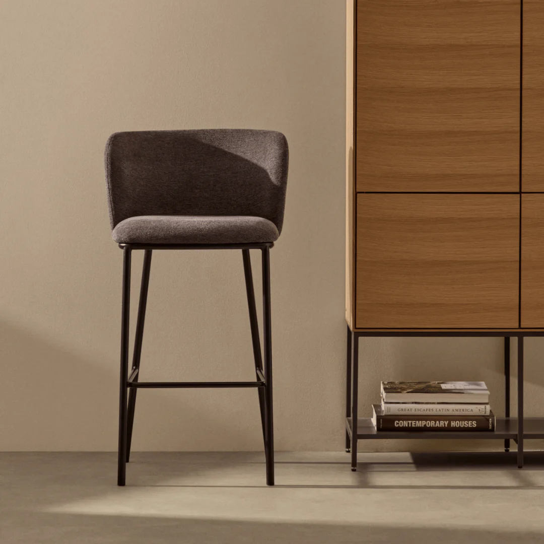 Modern Charcoal Chenille Barstool with High Density Foam and Curved Back for Kitchen