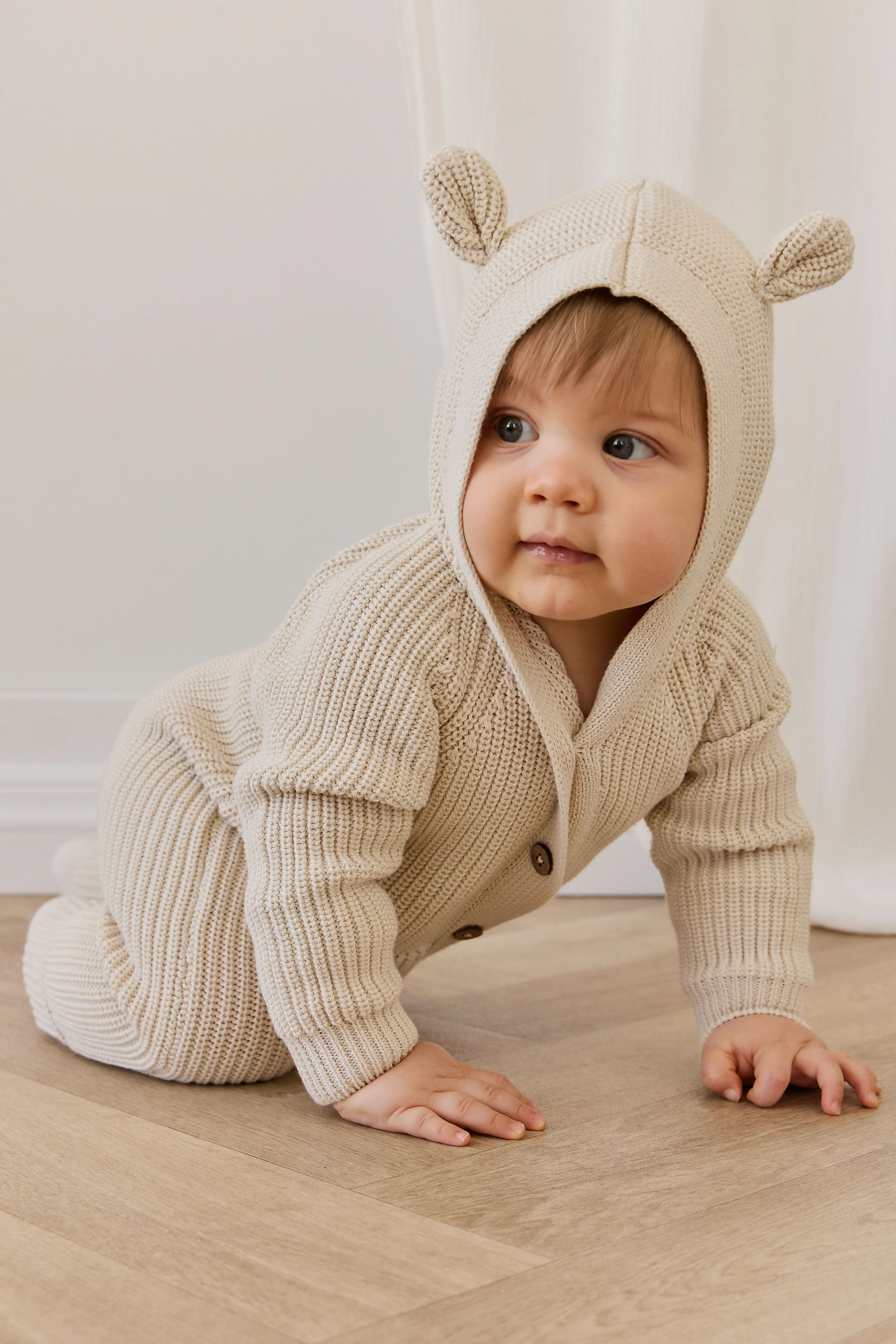 Cozy Vanilla Bear-Ear Hood 100% Cotton Knit Onepiece with Button Front & Pockets for Babies 0M–3Y
