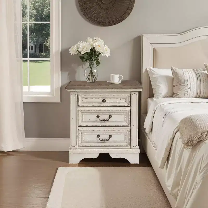 27 Inch Nightstand with 3 Drawers and Built-In Charging Port, Cottage Style