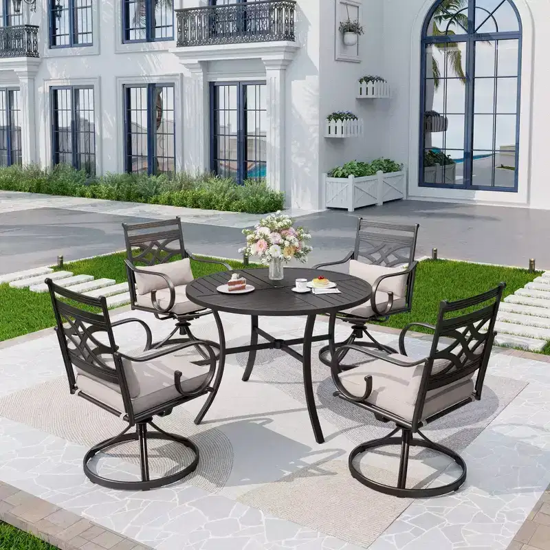 5pc Outdoor Dining Set: Swivel Chairs, Round Table, Umbrella Hole - Captiva Designs