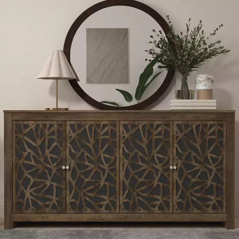4-Door Laser-Cut Sideboard with Adjustable Shelves, Knotty Oak