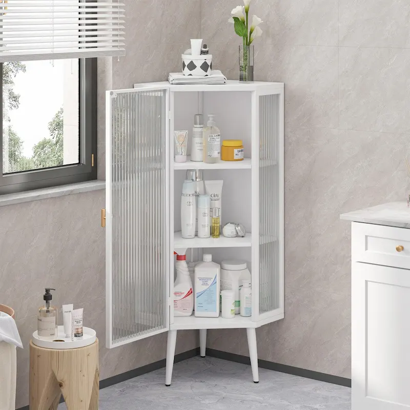 22.25 Floor Coner Cabinet,Three Tiers with Tempered Glass Doors and Storage Shelves for Bathroom, Living Room and Bedroom