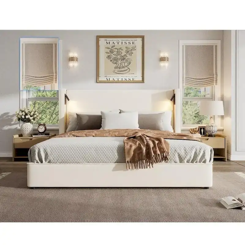 Upholstered Bed Frame with Reading Lamp & USB Port, Padded Headboard, Modern Bedroom
