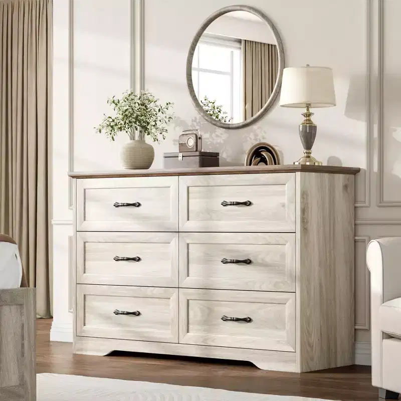 6 Drawers Dresser for Bedroom,Chest of Drawers with Wide Metal Handle,Farmhouse Modern Wooden Dresser,Natural Texture,Storage Organizer for Bedroom